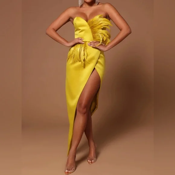 fitted lace wedding dress Mac Duggal Jersey Column Bright Yellow Prom Dress main image 1
